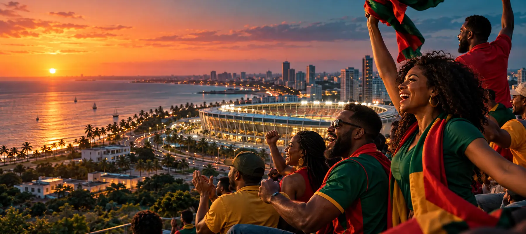 Ilustração editorial de adeptos adultos num estádio costeiro em Maputo