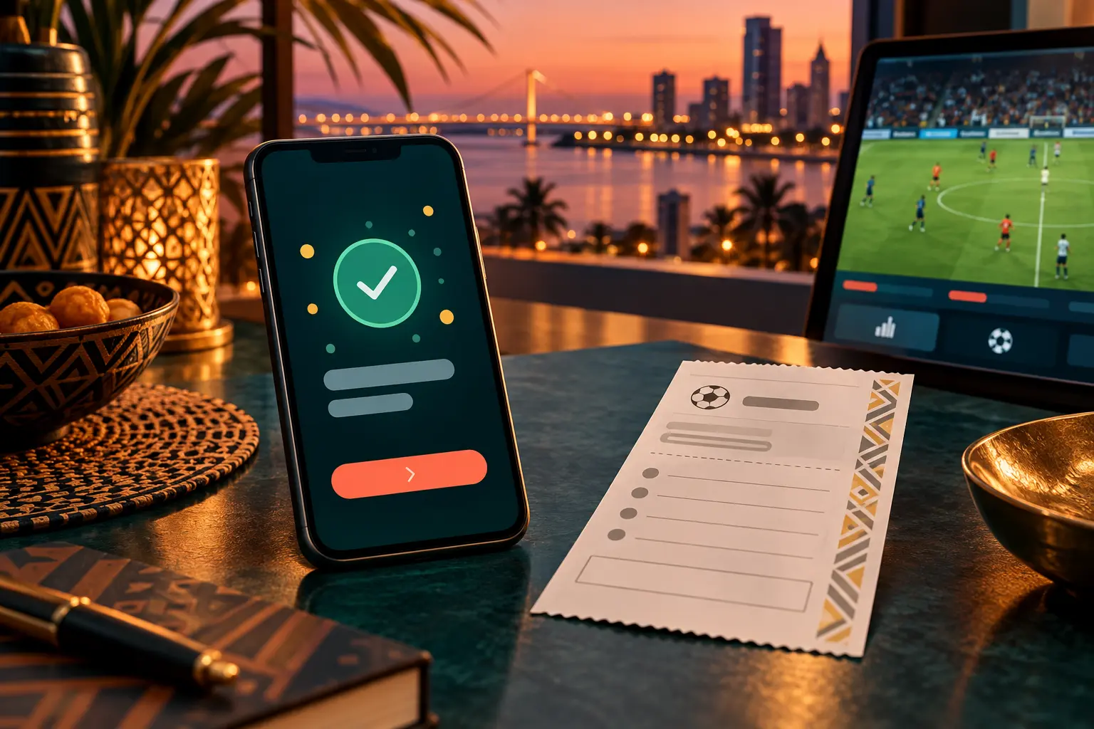 Ilustração editorial de smartphone, voucher e futebol numa noite em Maputo